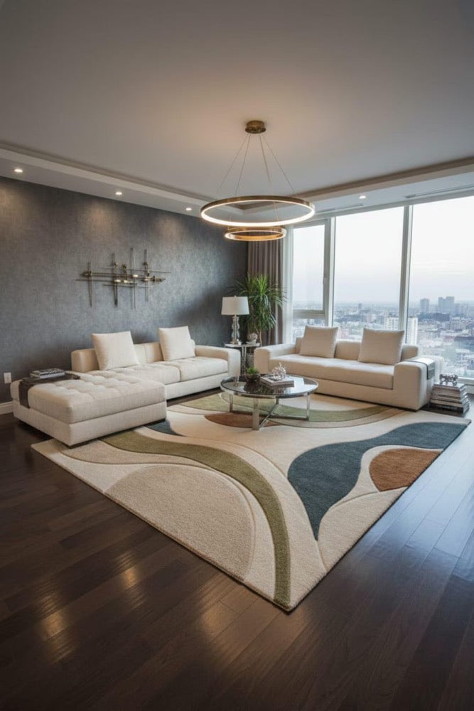 Modern Abstract Wave Area Rug Neutral Beige Cream with Olive Green, Grey & Rust Curved Pattern Carpet for Living