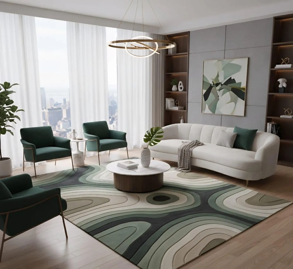 Modern Abstract Area Rug 9x12 , Green Beige Contemporary Carpet, Minimalist Rug, Living Room Bedroom Decor, Handmade Style Rug