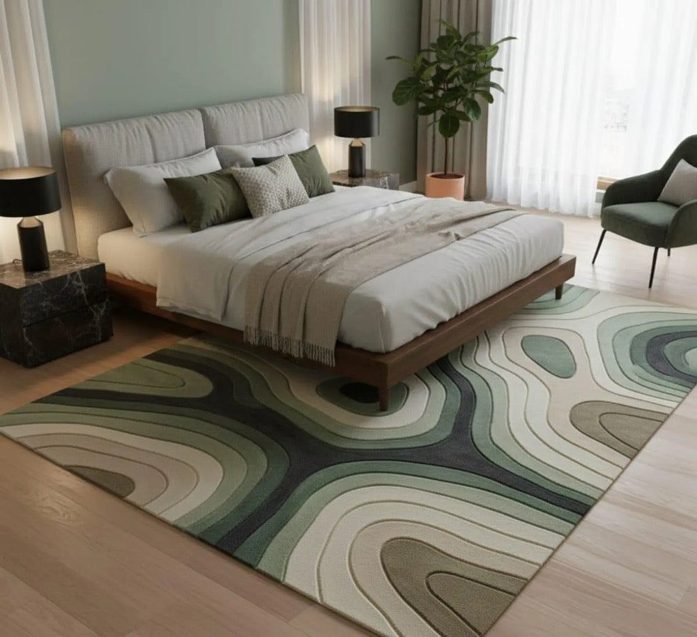 Modern Abstract Area Rug 9x12 , Green Beige Contemporary Carpet, Minimalist Rug, Living Room Bedroom Decor, Handmade Style Rug