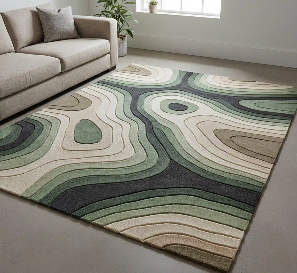 Modern Abstract Area Rug 9x12 , Green Beige Contemporary Carpet, Minimalist Rug, Living Room Bedroom Decor, Handmade Style Rug