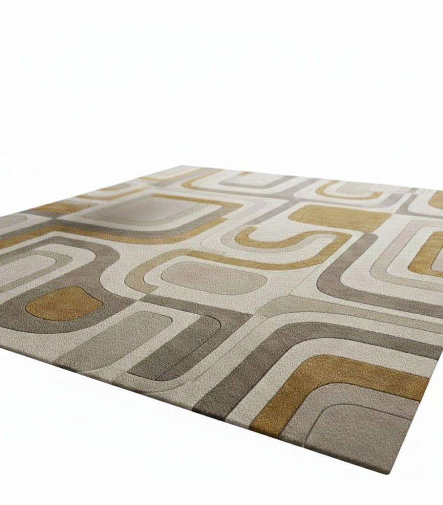 Modern Geometric Area Rug, Abstract Pattern Carpet, Mid Century Style Rug, Living Room Bedroom Rug, Neutral Beige Gold Floor Mat