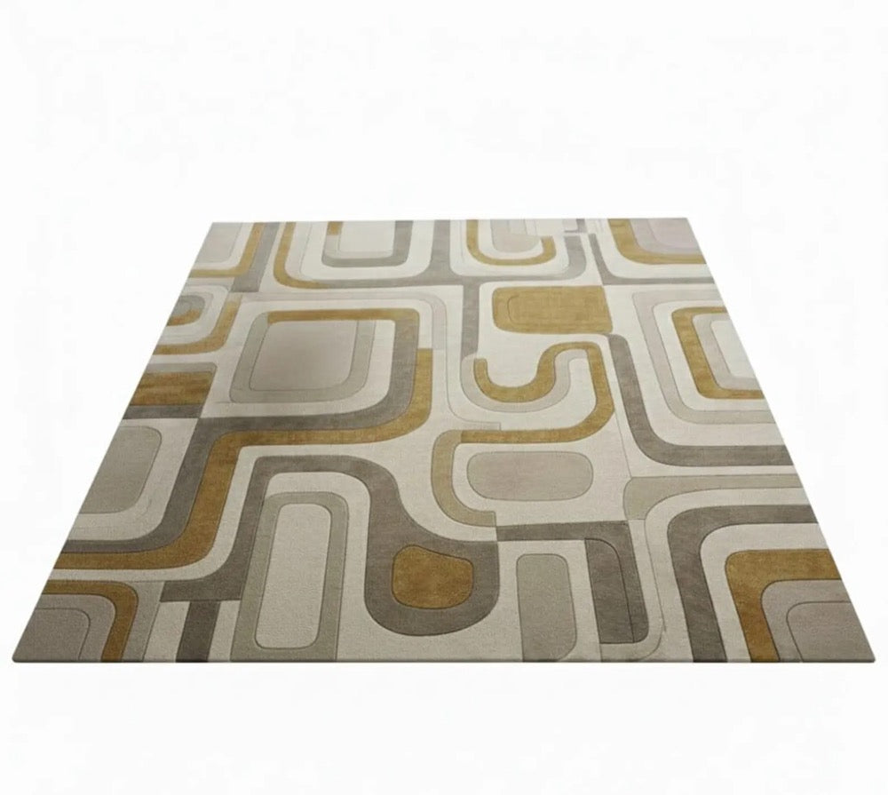 Modern Geometric Area Rug, Abstract Pattern Carpet, Mid Century Style Rug, Living Room Bedroom Rug, Neutral Beige Gold Floor Mat