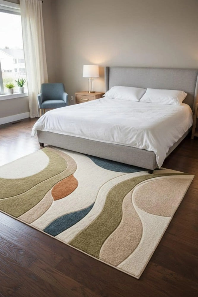 Modern Abstract Wave Area Rug Neutral Beige Cream with Olive Green, Grey & Rust Curved Pattern Carpet for Living
