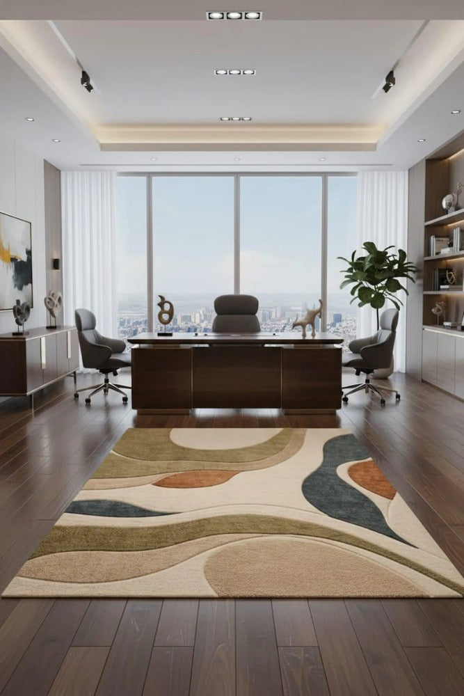 Modern Abstract Wave Area Rug Neutral Beige Cream with Olive Green, Grey & Rust Curved Pattern Carpet for Living