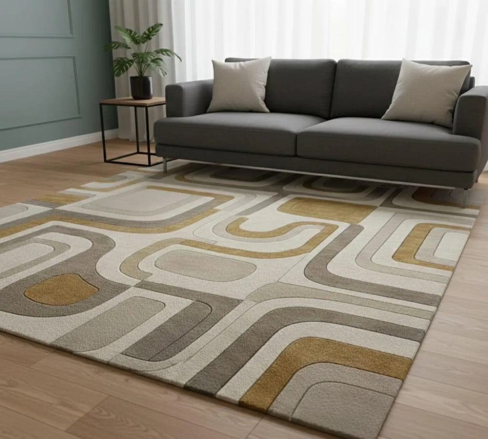 Modern Geometric Area Rug, Abstract Pattern Carpet, Mid Century Style Rug, Living Room Bedroom Rug, Neutral Beige Gold Floor Mat
