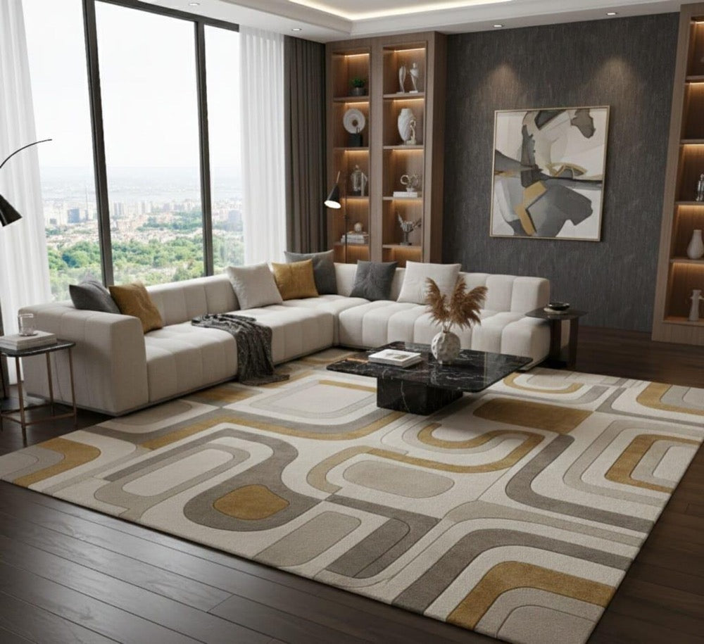 Modern Geometric Area Rug, Abstract Pattern Carpet, Mid Century Style Rug, Living Room Bedroom Rug, Neutral Beige Gold Floor Mat