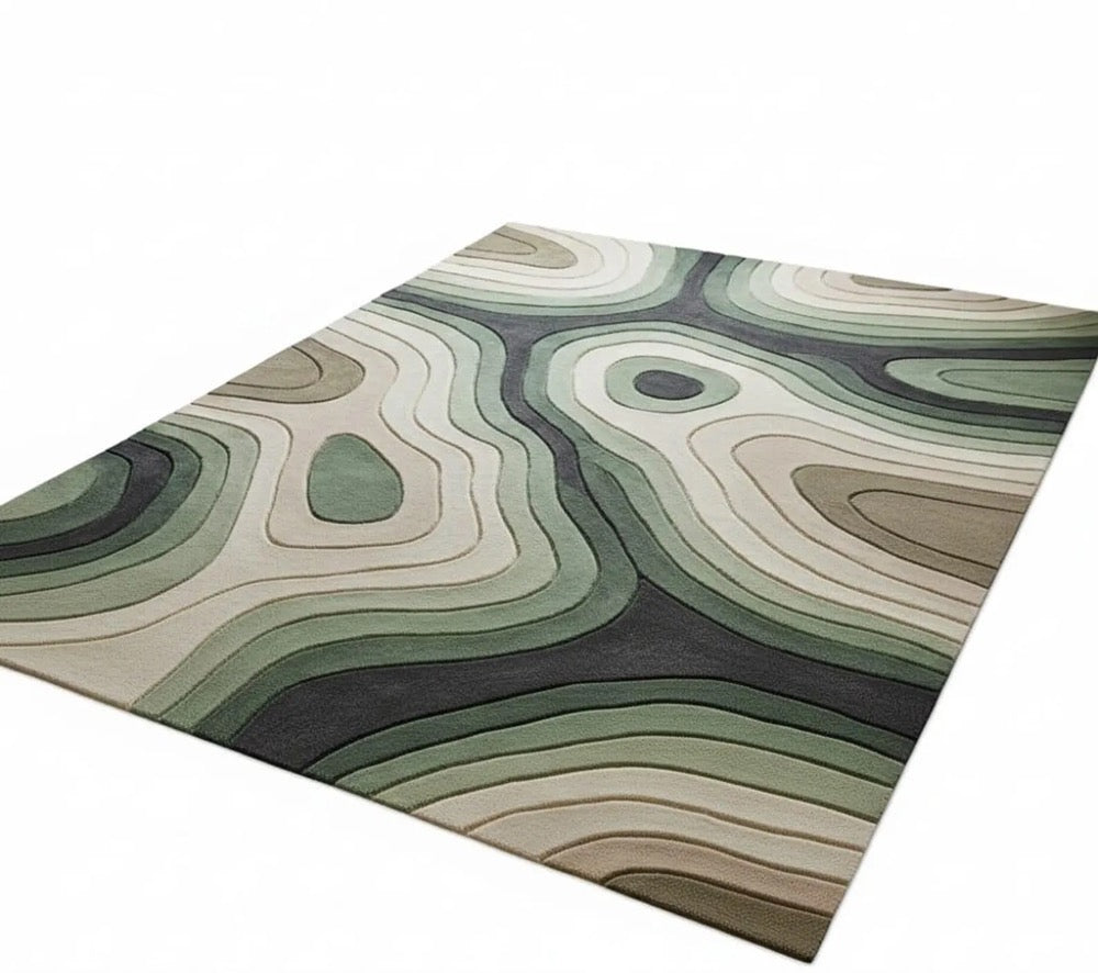 Modern Abstract Area Rug 9x12 , Green Beige Contemporary Carpet, Minimalist Rug, Living Room Bedroom Decor, Handmade Style Rug