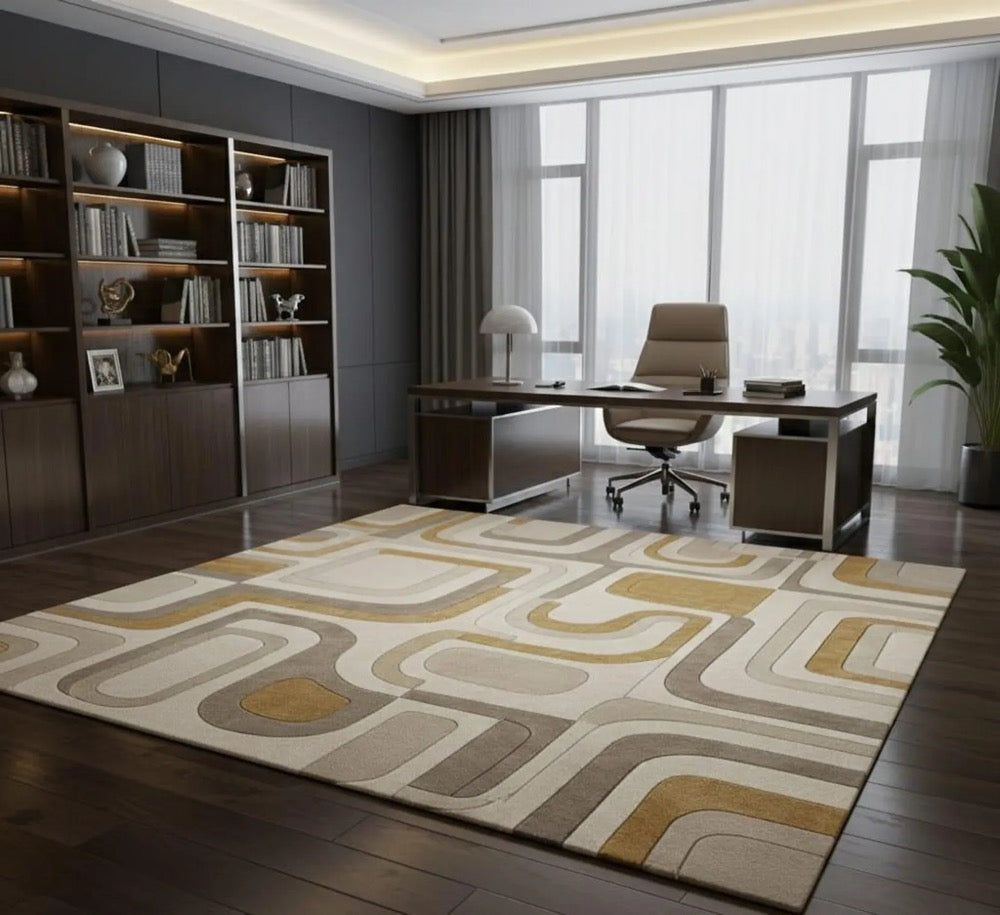 Modern Geometric Area Rug, Abstract Pattern Carpet, Mid Century Style Rug, Living Room Bedroom Rug, Neutral Beige Gold Floor Mat